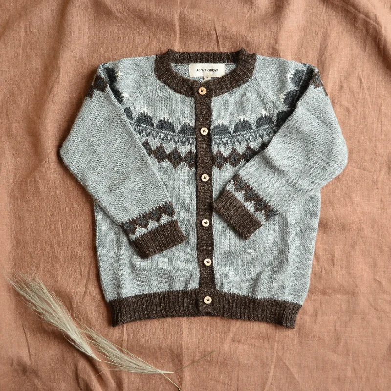 Classic cardigan for formal and casual wear -FairIsle Mountain Cardigan - 100% Baby Alpaca - Grey (18m-8y)