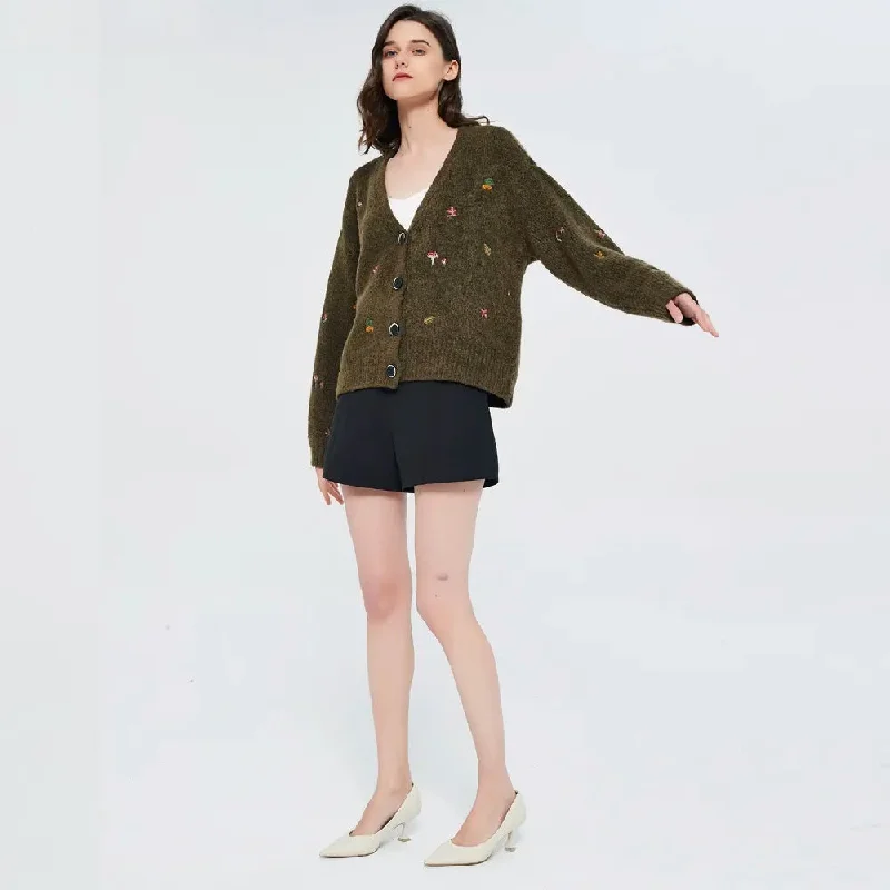 Trendy open cardigan for casual wear -Goblincore Leaf Embroidery Cardigan