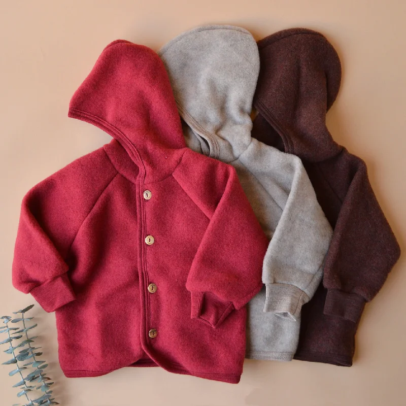 Comfortable cardigan with a high neck for warmth -Hooded Jacket in Organic Wool Fleece with Buttons (0-6y)