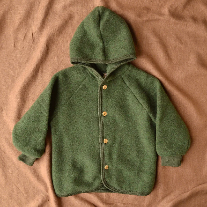 Casual cardigan for layering over shirts -Hooded Jacket in Organic Wool Fleece with Buttons - Reed (3-6m) *Last One!