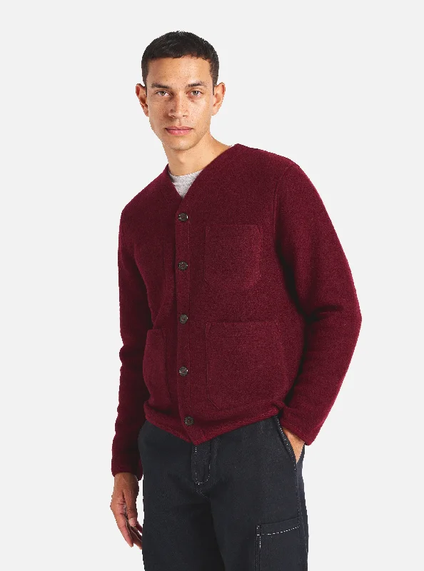 Classic cardigan for layering with shirts -Universal Works Cardigan in Deep Red Wool Fleece