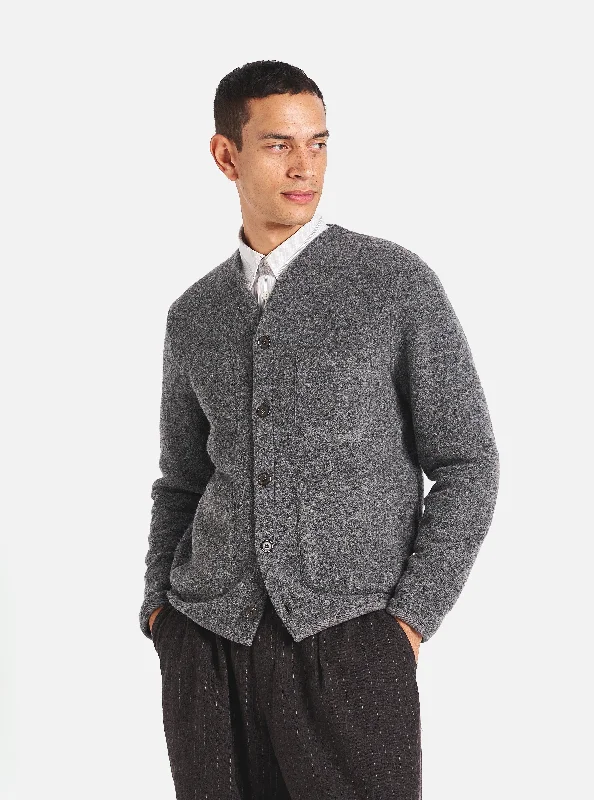 Versatile cardigan for layering over jeans -Universal Works Cardigan in Grey Marl Wool Fleece