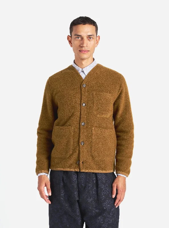 Elegant cardigan with a waterfall front -Universal Works Cardigan in Mustard Wool Fleece