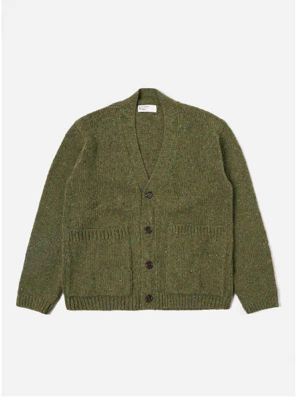 Simple knit cardigan for casual wear -Universal Works Langdale Cardigan in Green Tweed Knit