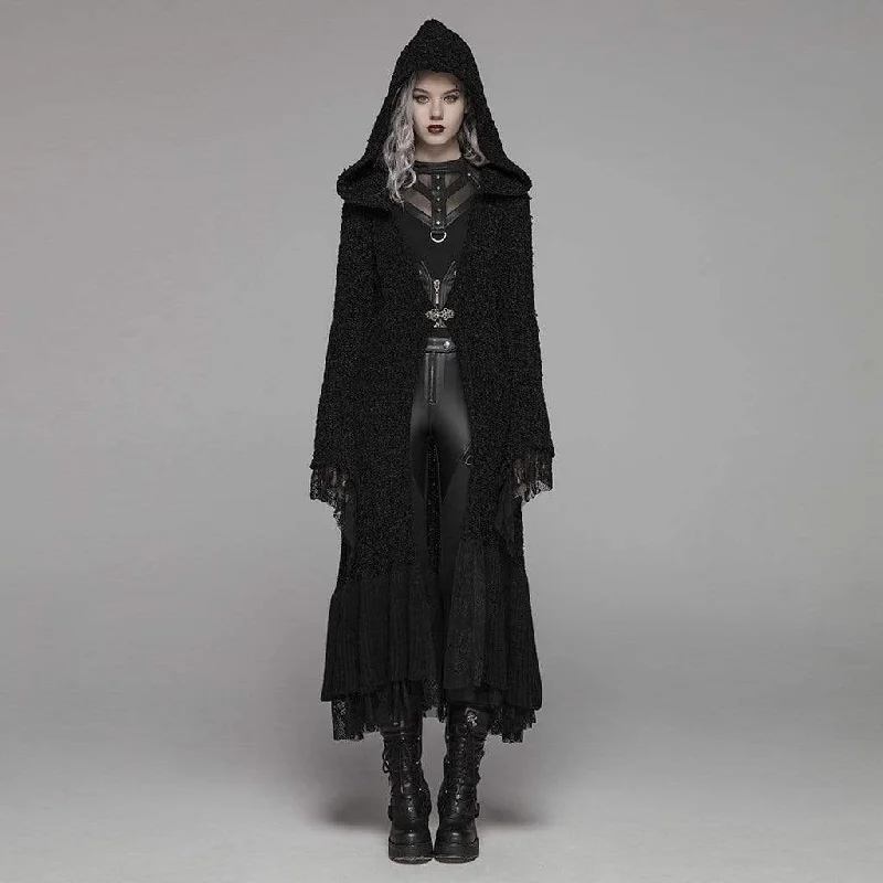 Soft cotton cardigan for relaxed weekend wear -Women's Goth Multilayer Hooded Woolen Cardigan With Lace Sleeves