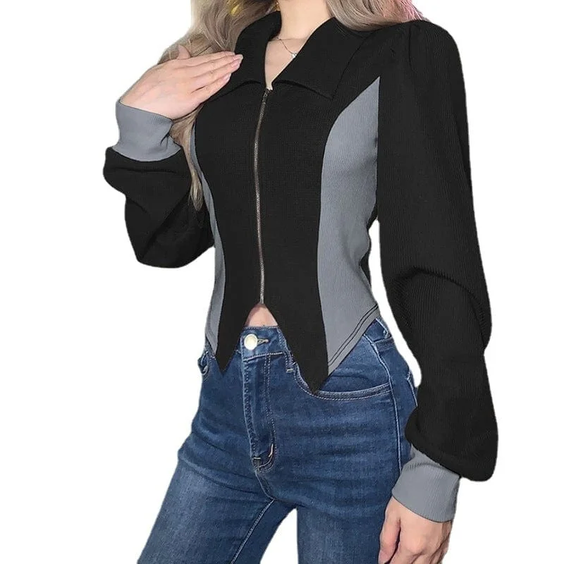 Classic cardigan with a rich texture for added dimension -Women's Punk Puff Sleeved Zipper Irregular Cardigan