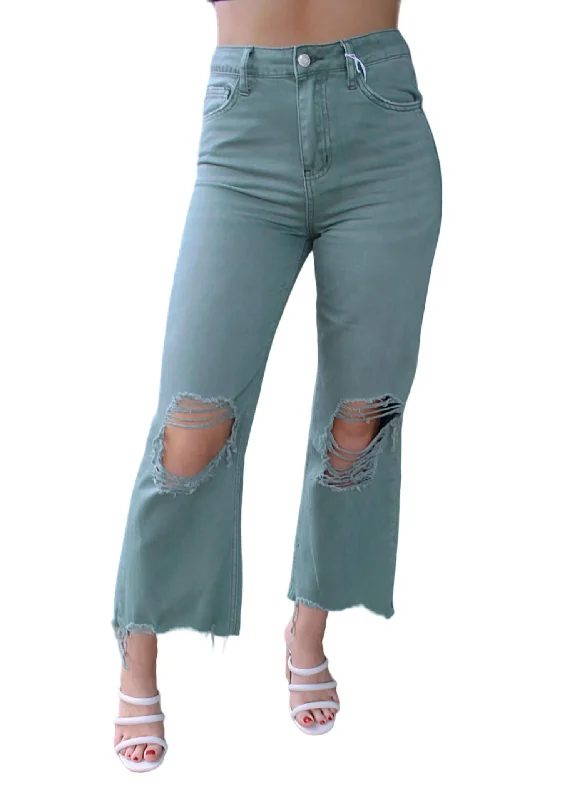 Casual wool pants for fall style -90's Vintage Crop Flare Jean In Green