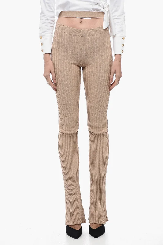 Pleated pants for a vintage vibe -ANDREĀDAMO Ribbed Flared Pants with Cut Out Detail