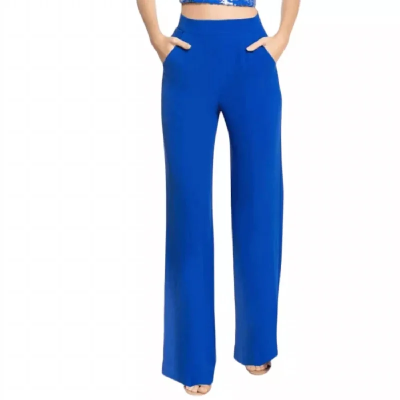 Lightweight linen pants for beach days -Ashton Wide Leg Split Hem Pants In Blue