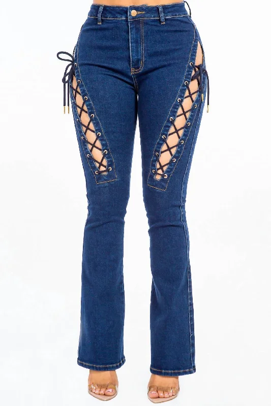 Slim-fit cargo pants for a sleek appearance -Chic Lace Up High Rise Denim In Dark Blue