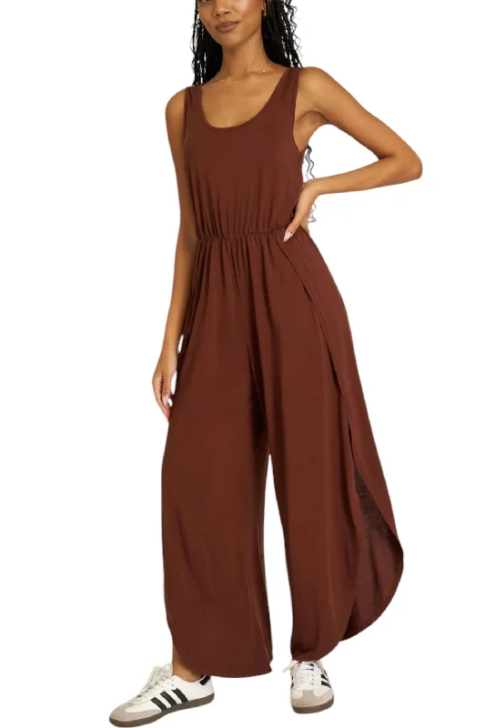 Black leather pants for a bold look -Do It Again Scoop Neck Jumpsuit In Brown