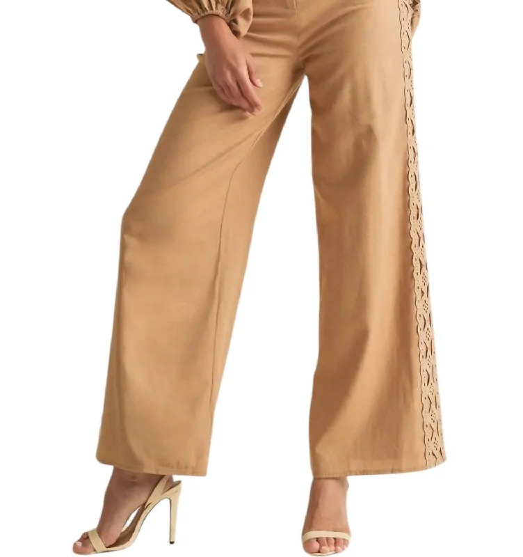 Stretch dress pants for work or play -Embroidered Lace Pants In Tan