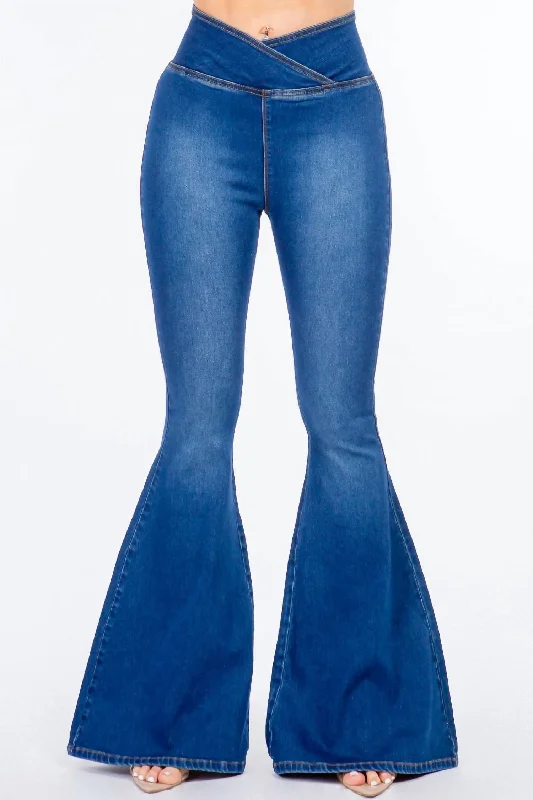 Comfortable pants for cold weather -High Waist Pull On Flare Jeans In Blue