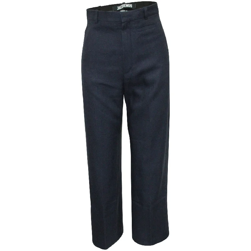 Comfortable denim jeans for casual style -Jacquemus High-Waist Straight-Leg Pants in Navy Linen