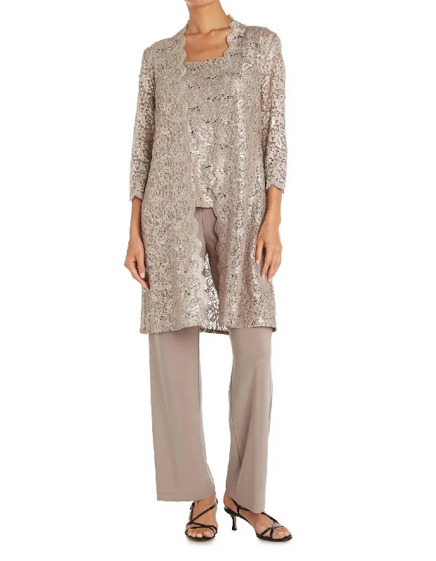 Slim-fit stretch pants for versatile outfits -Metallic Lace Tank Jacket Set Pant In Champagne