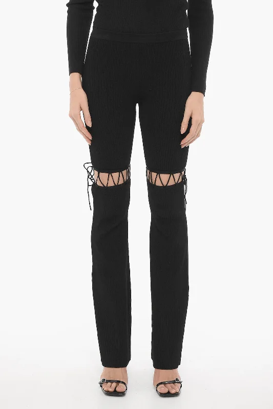 Fitted pants for a sleek look -Nensi Dojaka Ribbed Flared Pants with Lace-up Detail