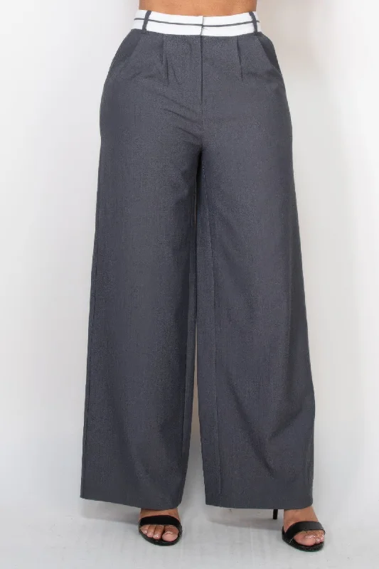 Wool blend pants for winter wear -Pleated Double Waistband Pants