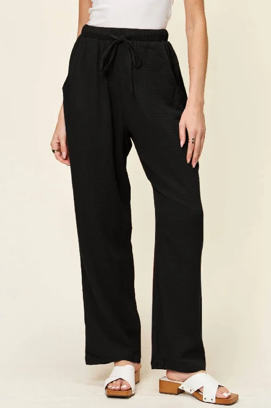 Warm wool blend pants for cold weather -Texture Drawstring Straight Pants In Black