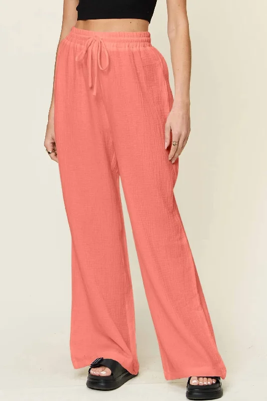 Classic straight-leg pants for timeless appeal -Wide Leg Drawstring Pants In Watermelon Pink