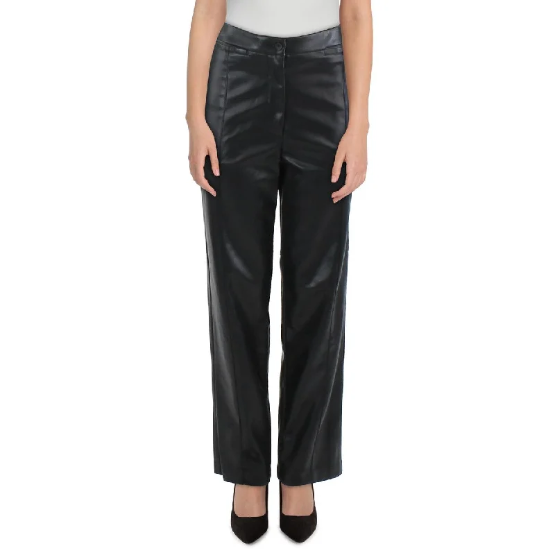 Relaxed cotton pants for warm weather -Womens Faux Leather High Rise Straight Leg Pants